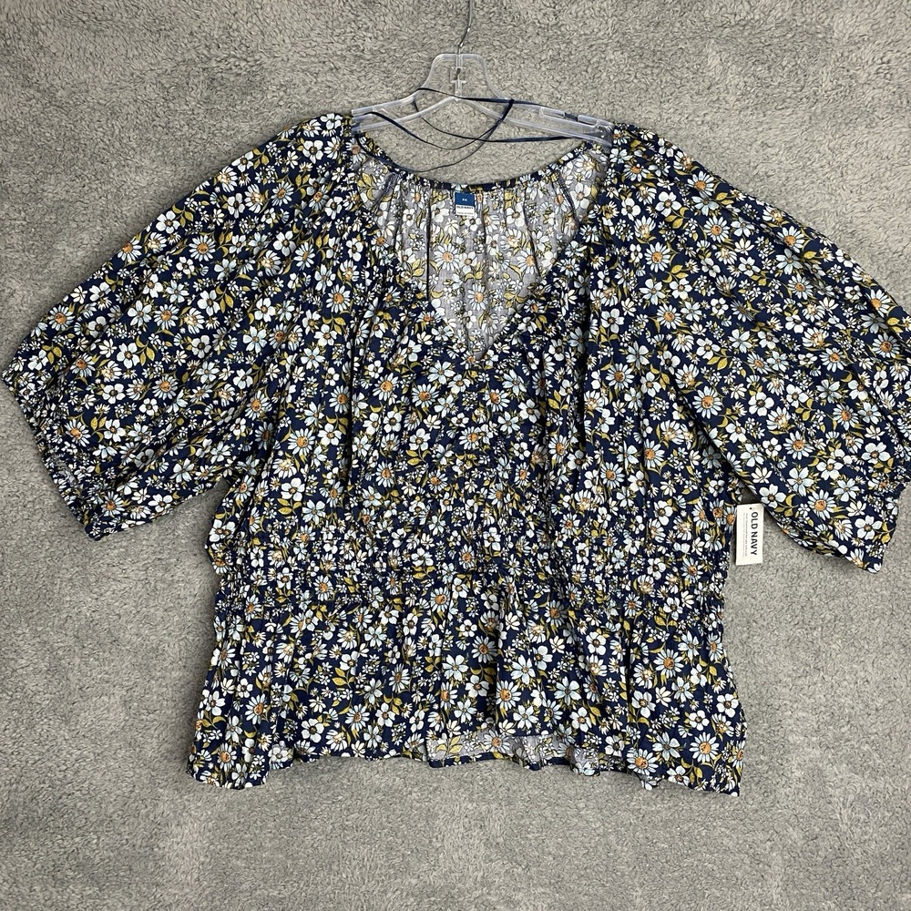 Old Navy Floral Smocked Top Size 3X Blue Ruched Artsy Peasant NWT - Picture 2 of 11